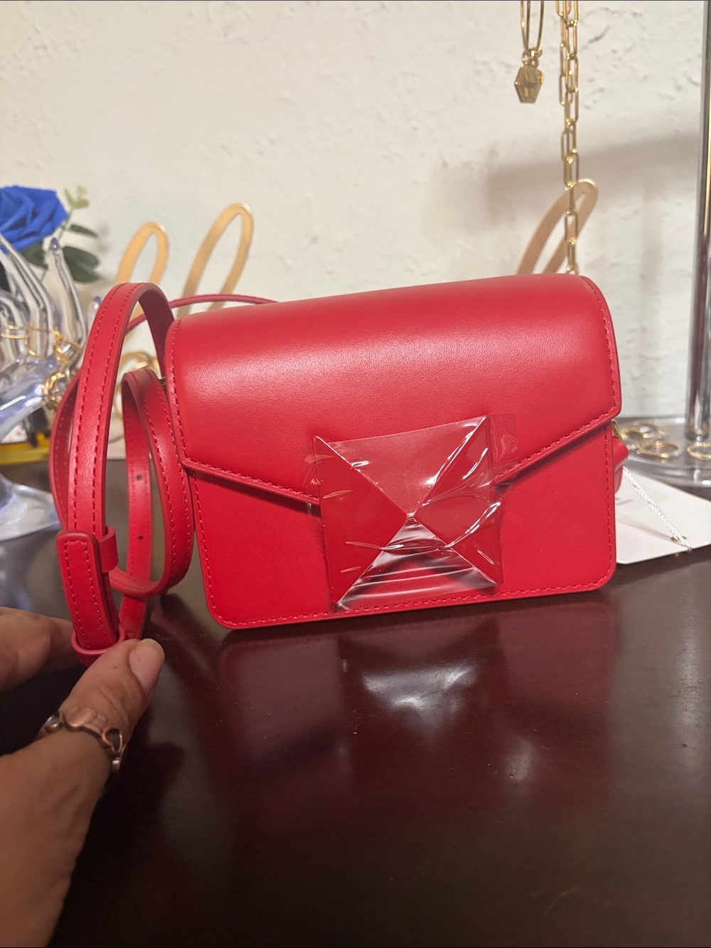 Mac Duggal Bright Red Leather Crossbody Bag